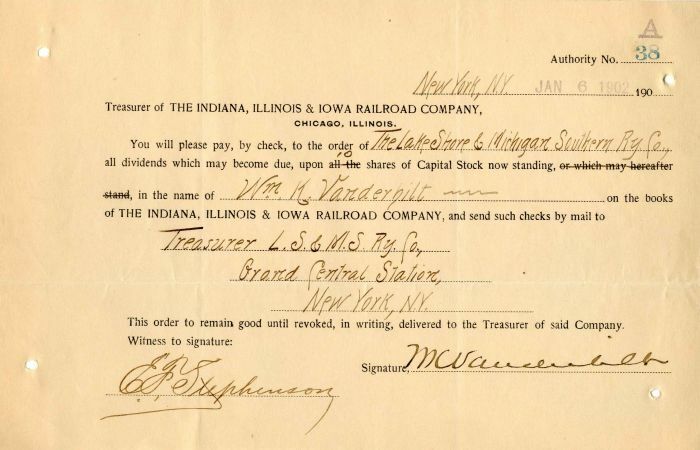 Indiana, Illinois, and Iowa Railroad Co. signed by Wm. K. Vanderbilt - Autograph