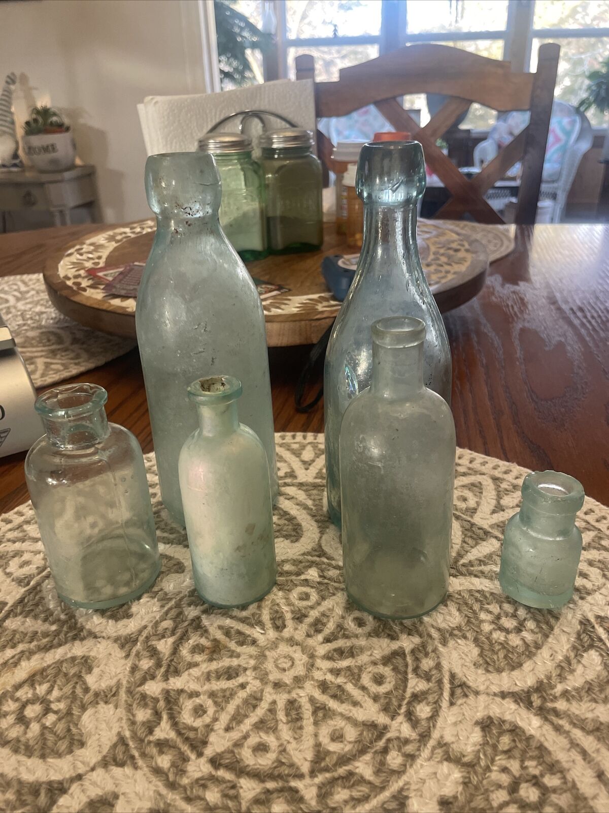 6 Vintage Blue Green Bottles