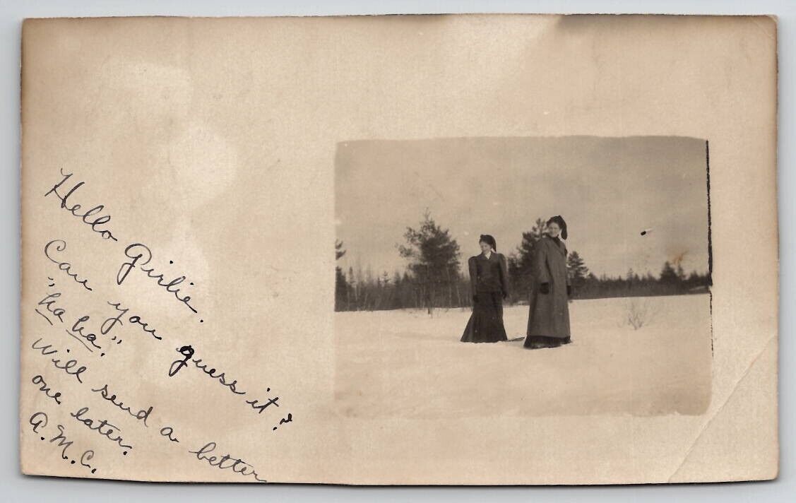 Passadumkeag ME RPPC Two Edwardian Ladies In Snow To Brownville Postcard B33