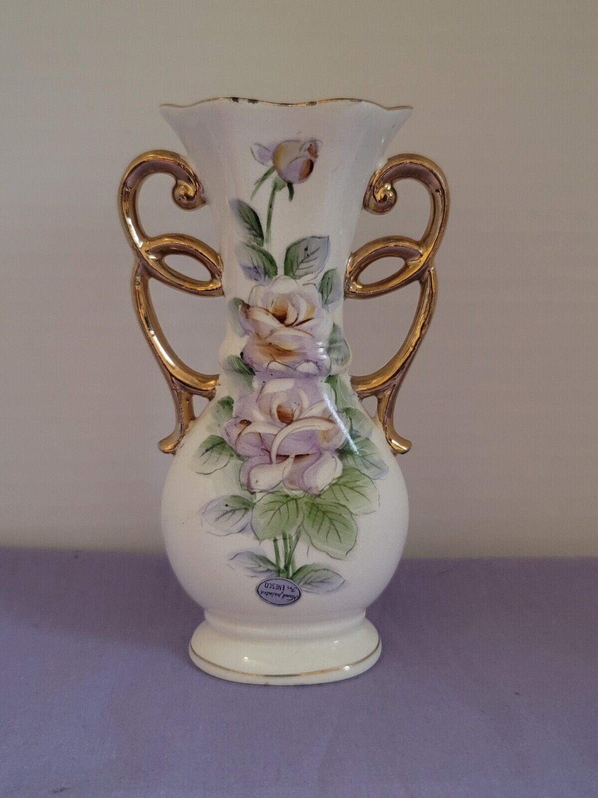 Enesco White Vase With Lavendar Roses, Handles Trimmed In Gold
