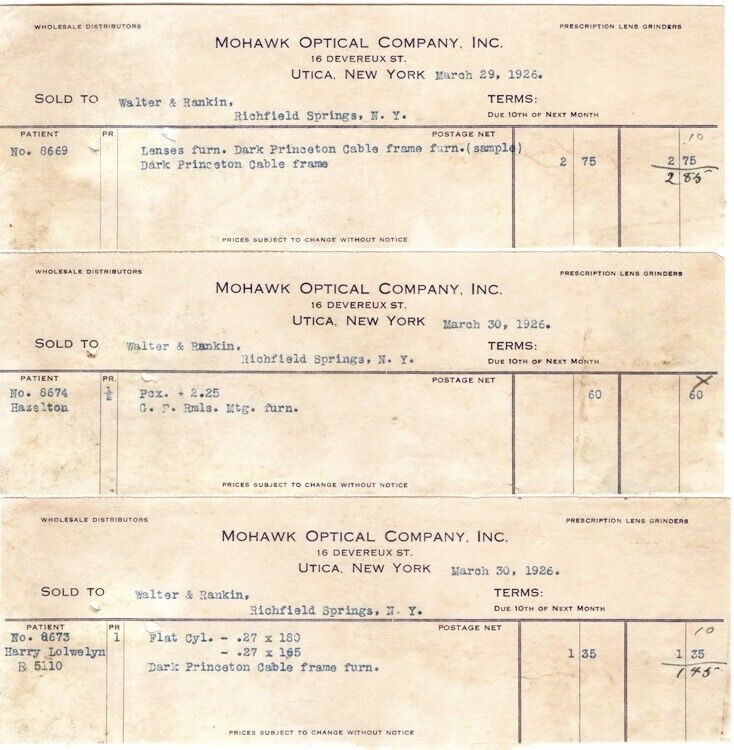 3 Mohawk Optical Co. Billheads / Walter & Ranking, Richfield Springs, March 1926
