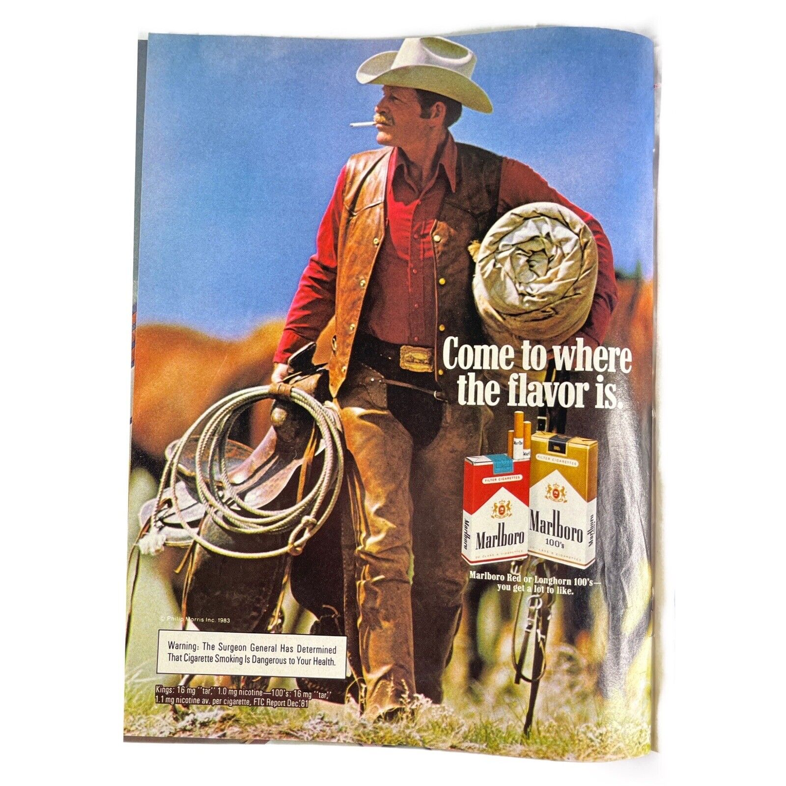 Marlboro Cigarettes Vintage 80s Print Ad 1983 Retro Smoking Man Cowboy Western