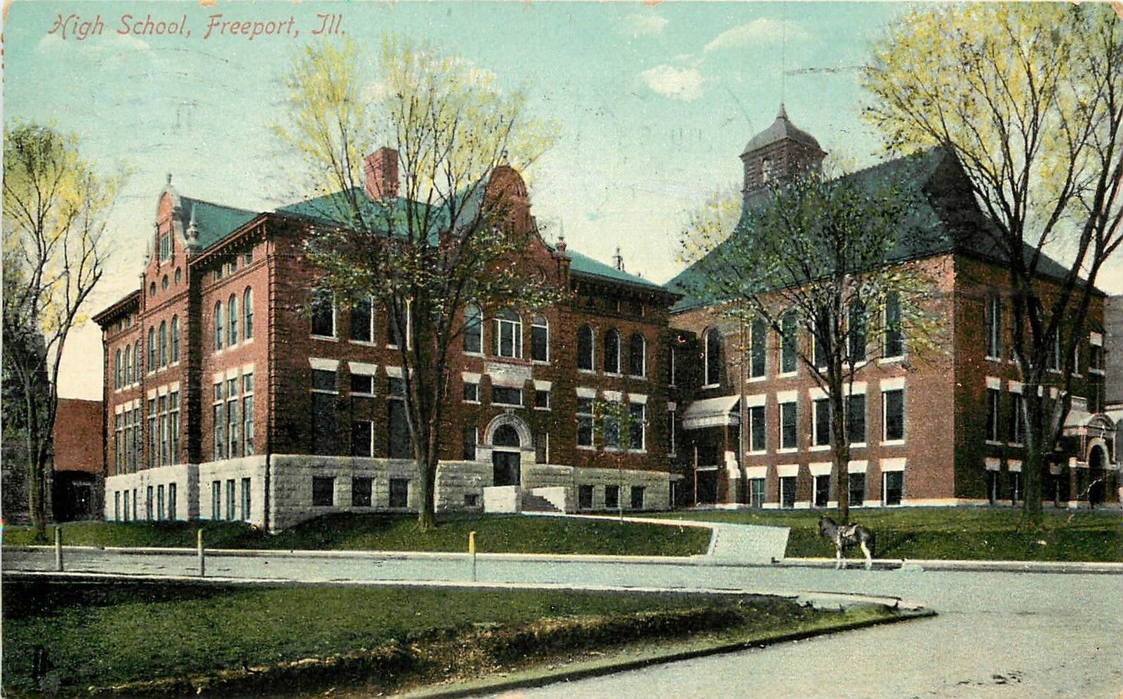 c1909 Printed Postcard; High School, Freeport IL Stephenson County, posted