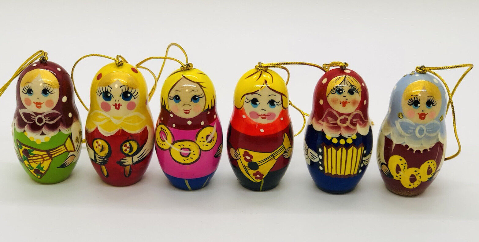 6 Matryoshka Dolls Authentic Wooden Russian Christmas Ornaments Hand Painted