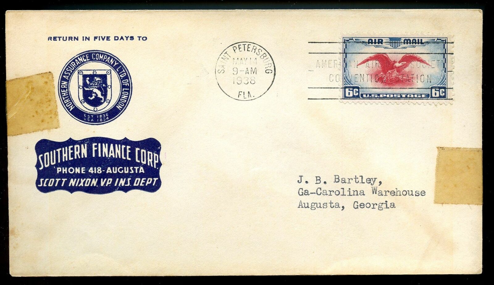 U.S. Scott C23 on 1938 Ad Cover for Southern Finance Corp.