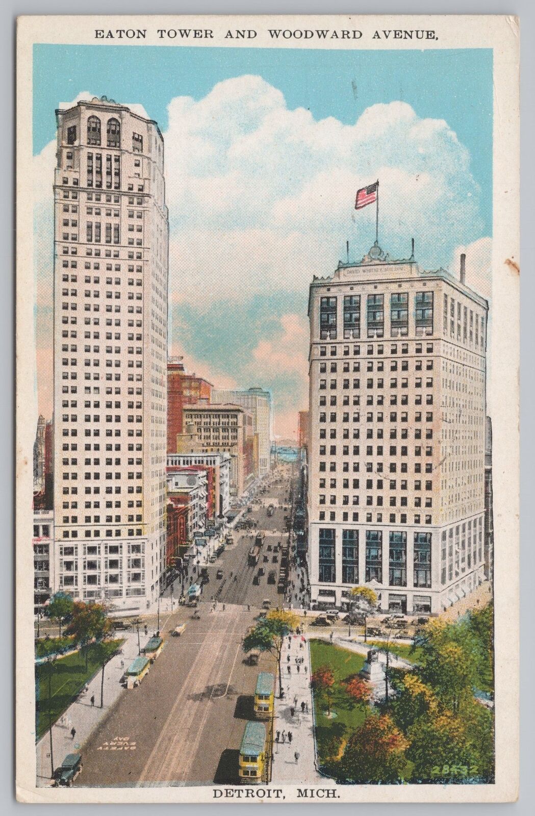 Eaton Tower~Woodward Ave~Detroit MI~Street Cars~Miller Art PM 1931 Postcard