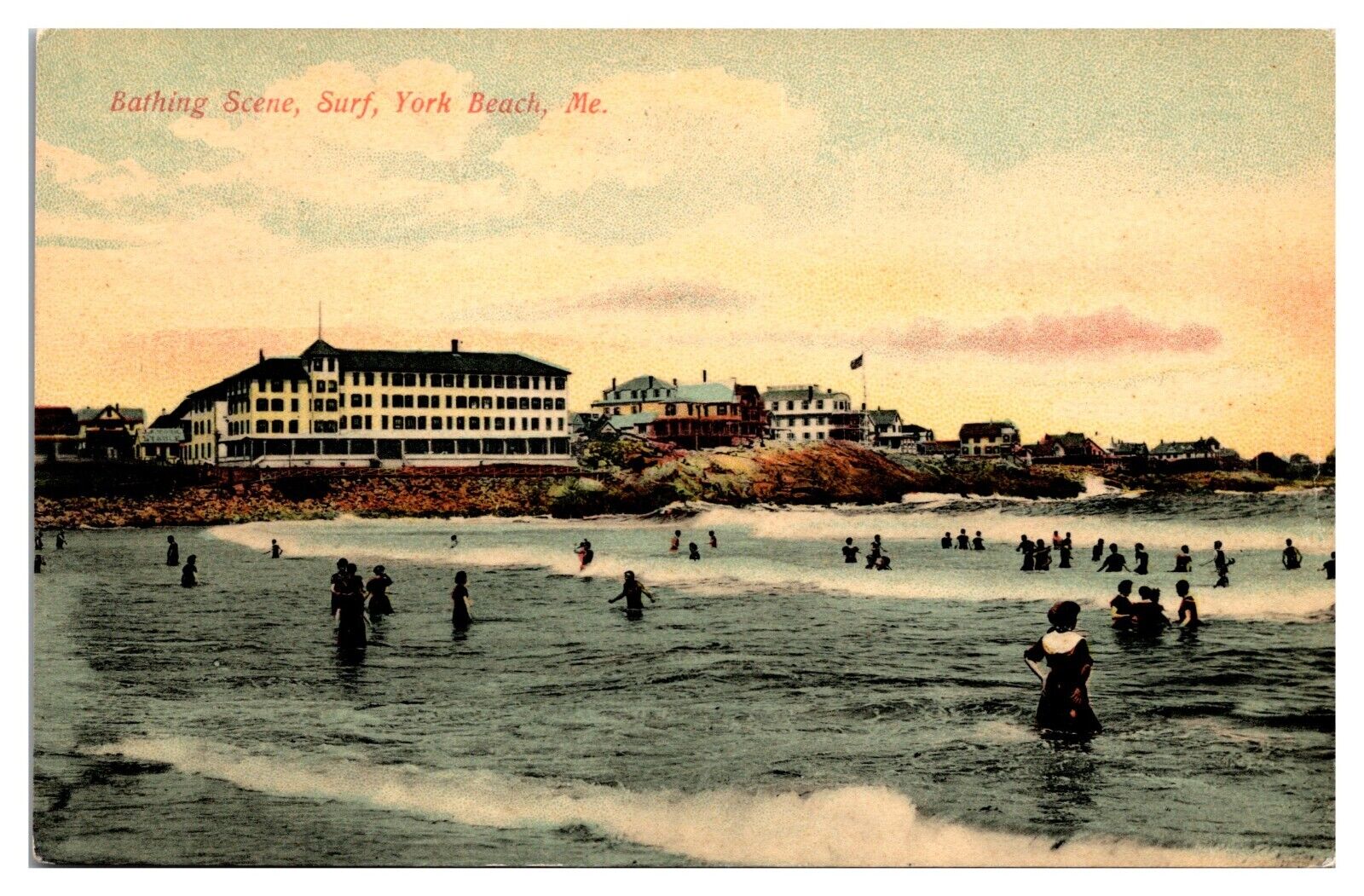 1908 Bathing Scene, York Beach, Swimming in the Ocean, ME Postcard