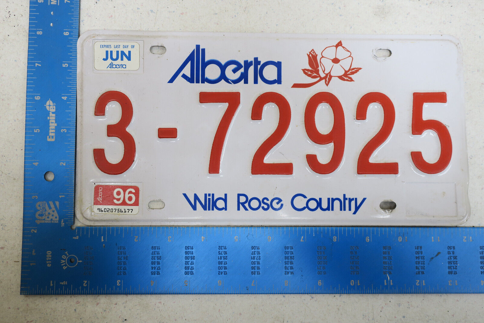 Alberta Canada License Plate Natural Sticker 1996 3-72925 Tag 96
