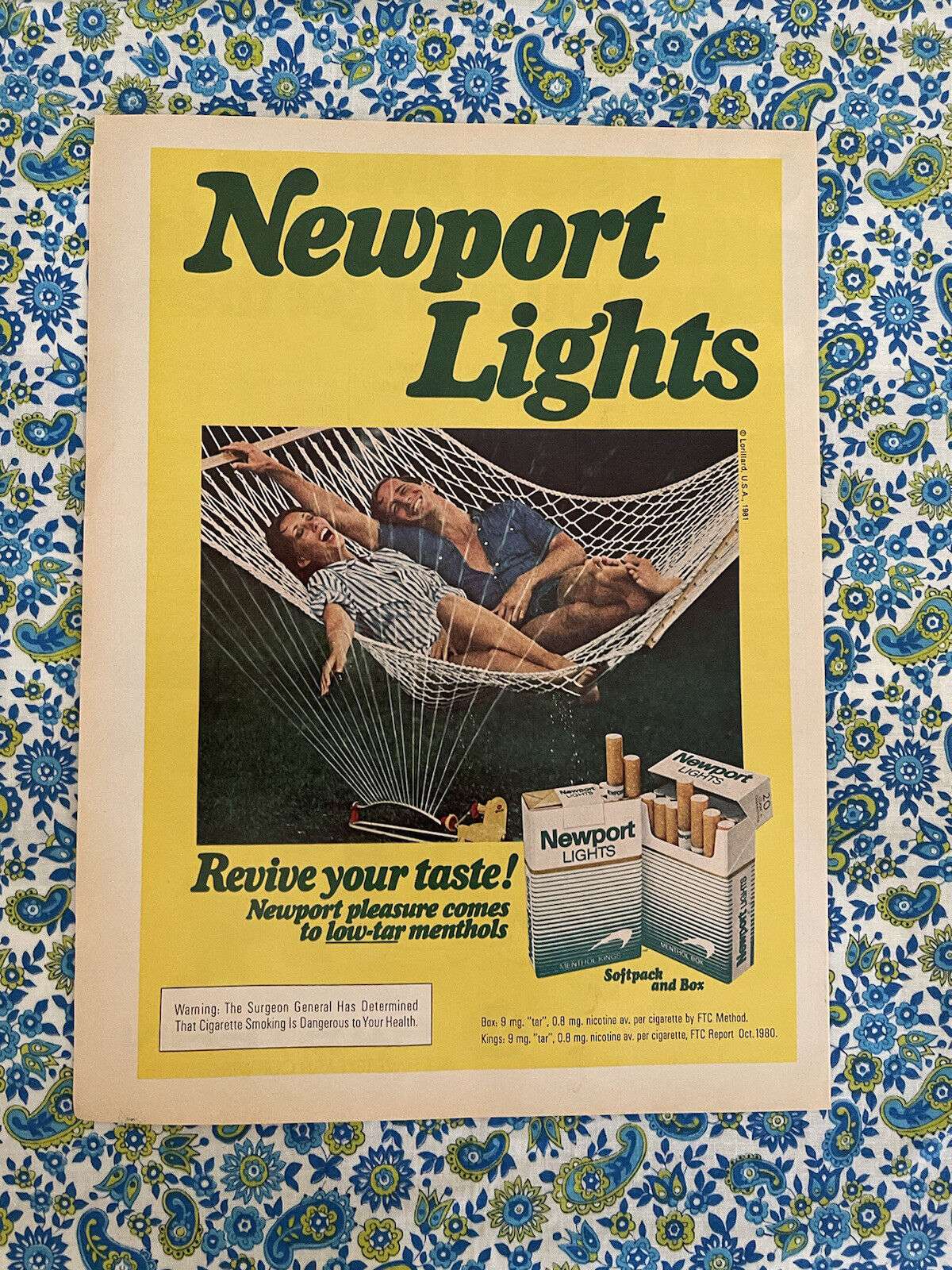 Vintage 1981 Newport Lights Cigarette Print Ad Man Woman Hammock Water Sprinkle