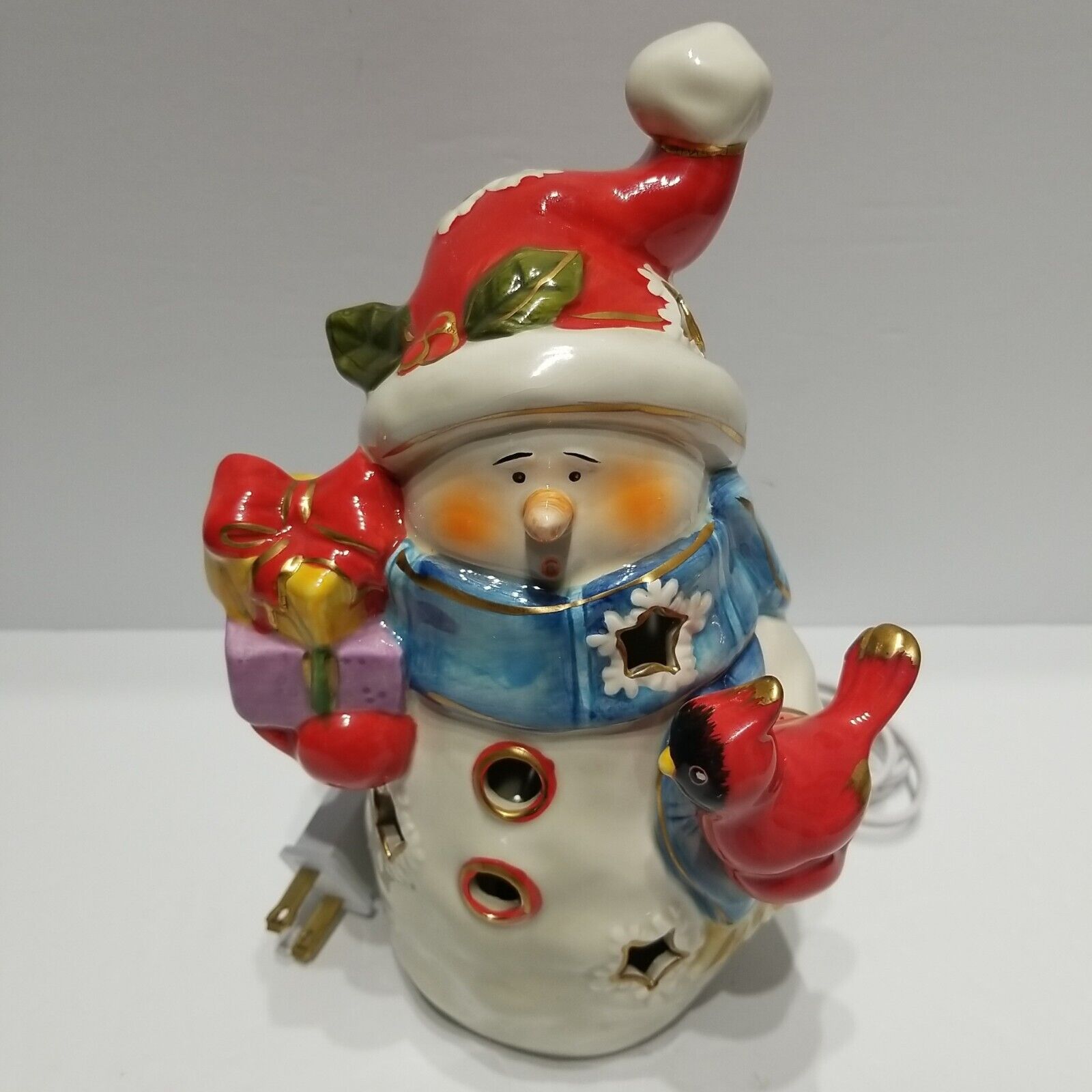 Christmas Snowman Cardinal Gift Ceramic Lighted Figurine Gold Paint Highlight LN