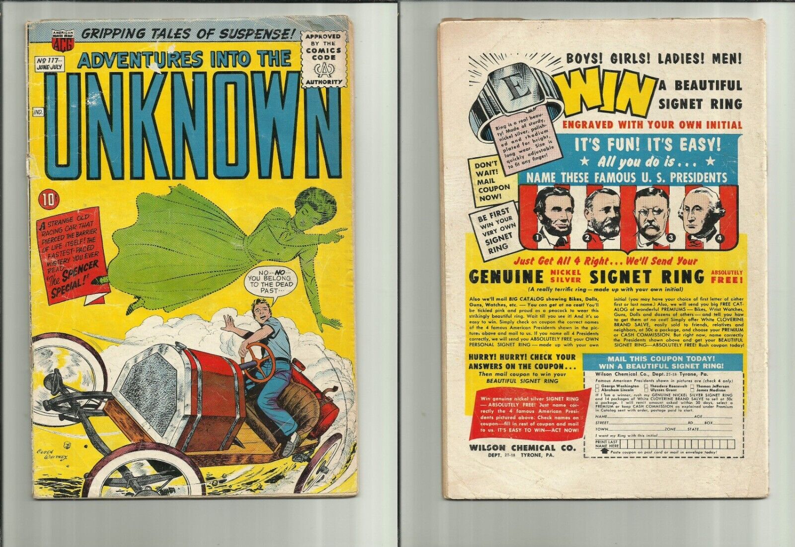 Adventures into the Unknown #1117 Good  ACG 1960 Ghost racing car cover