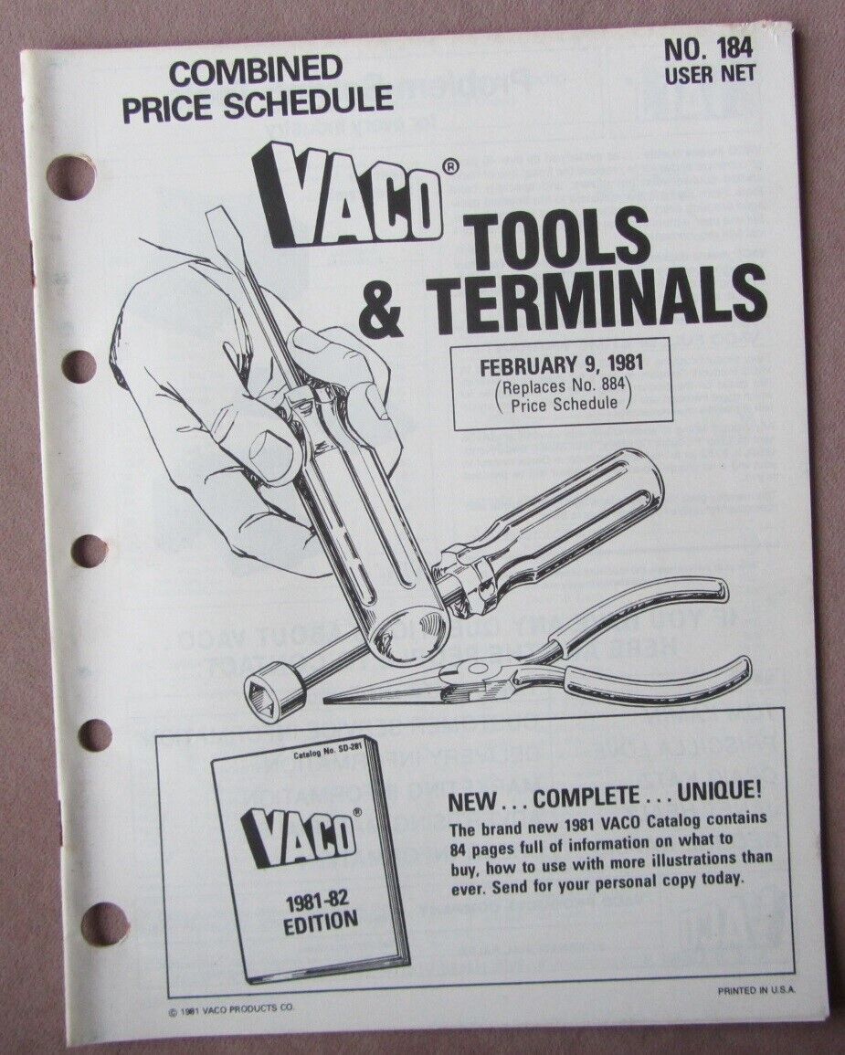 Vtg 1981 VACO Tools & Terminals Dealer Combined Price Schedule Booklet 32 pgs