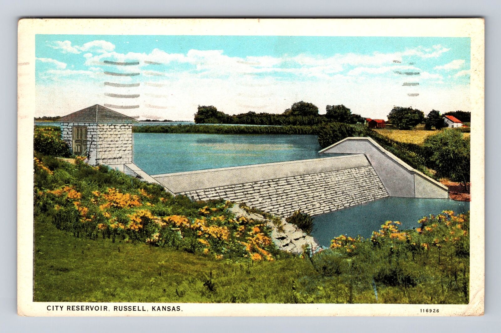 Russell KS-Kansas, City Reservoir & Dam, Antique Vintage c1950 Souvenir Postcard