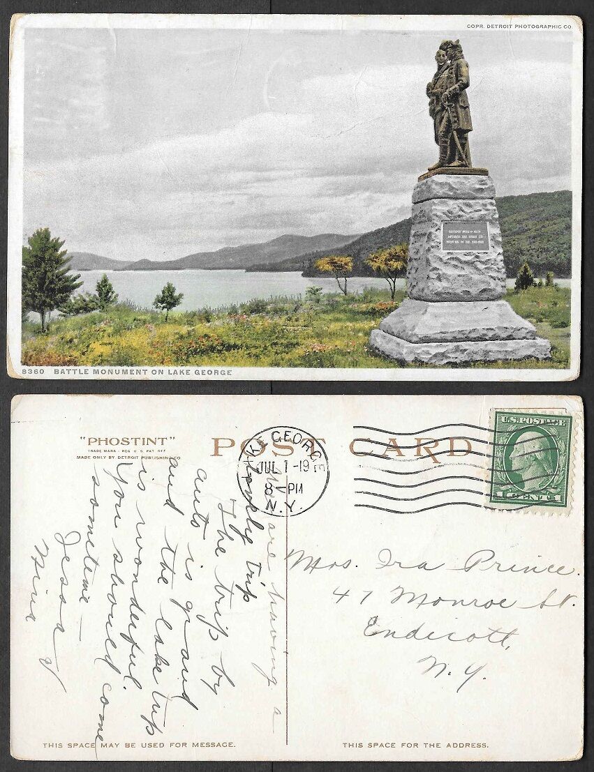 Old Phostint Postcard - Battle Monument on Lake George, New York 