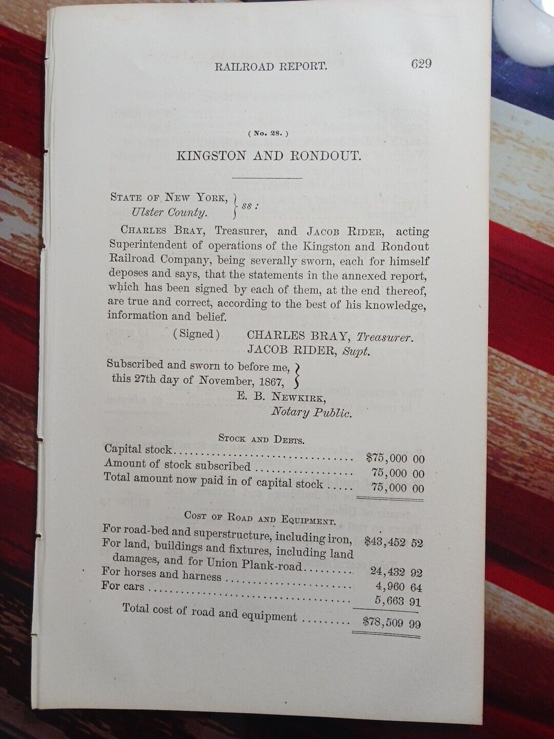 ☆1867 Horse Railroad Report KINGSTON & RONDOUT RR Union Plank Road Co. Ulster NY