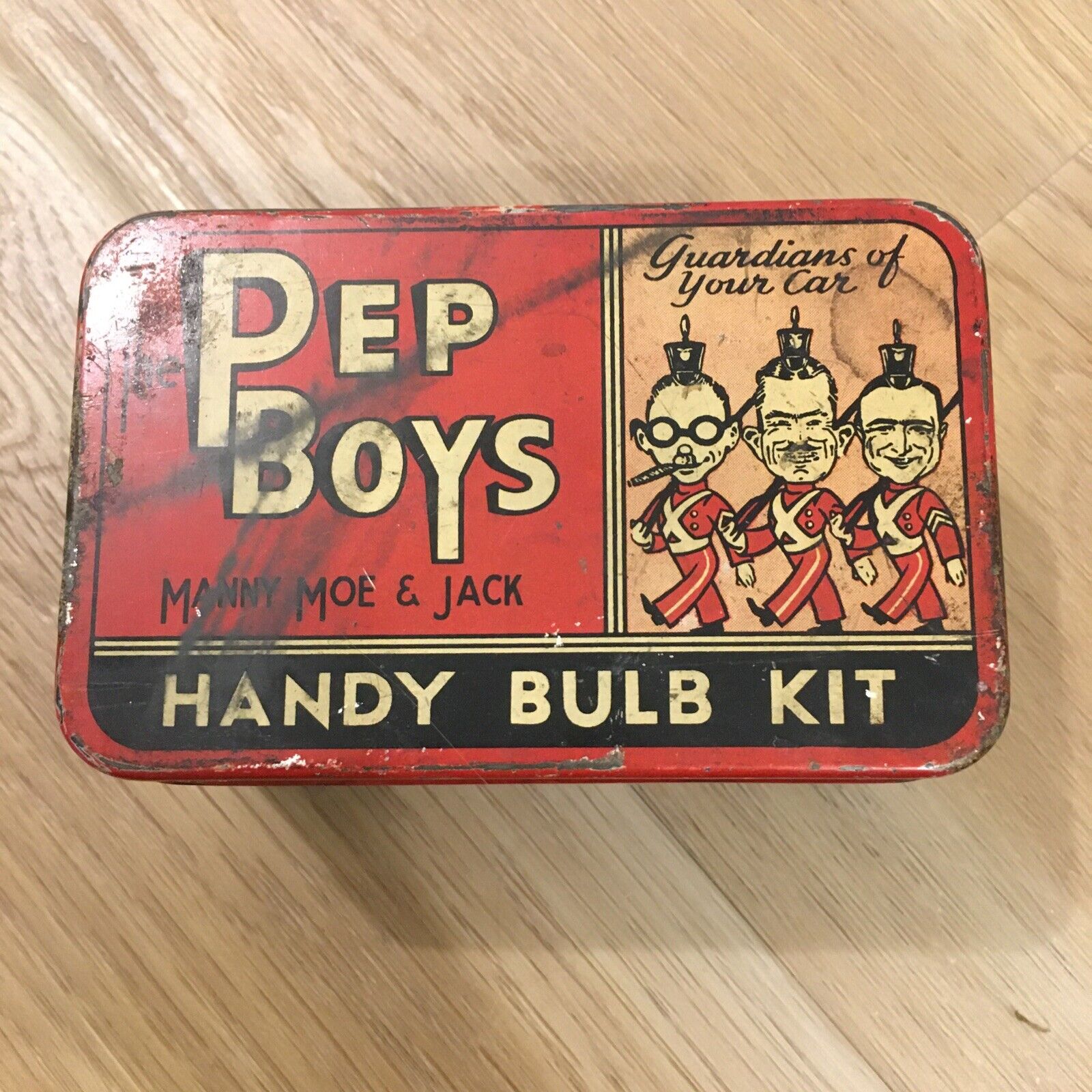 Vintage PEP BOYS Handy Auto Bulb Kit Empty Tin Box Gas & Oil Manny Moe & Jack 4\