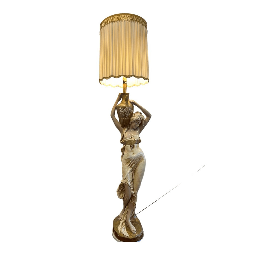 Vintage Plaster Sculpture Floor Lamp Lady By the Well Cream Gold Tone Victorian