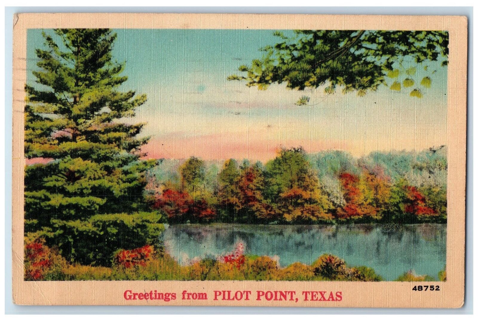 1944 Greetings Pond Lake Forest Nature View From Pilot Point Texas TX Postcard