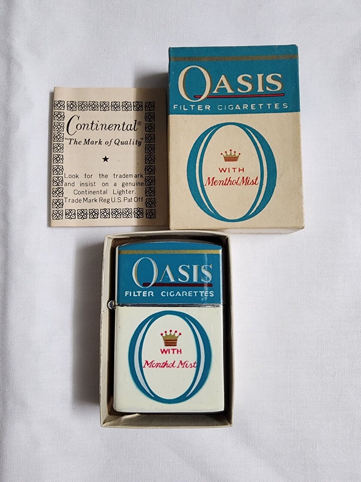 Vintage Continental Lighter Oasis Cigarettes Japan With Box. NEAR MINT. RARE