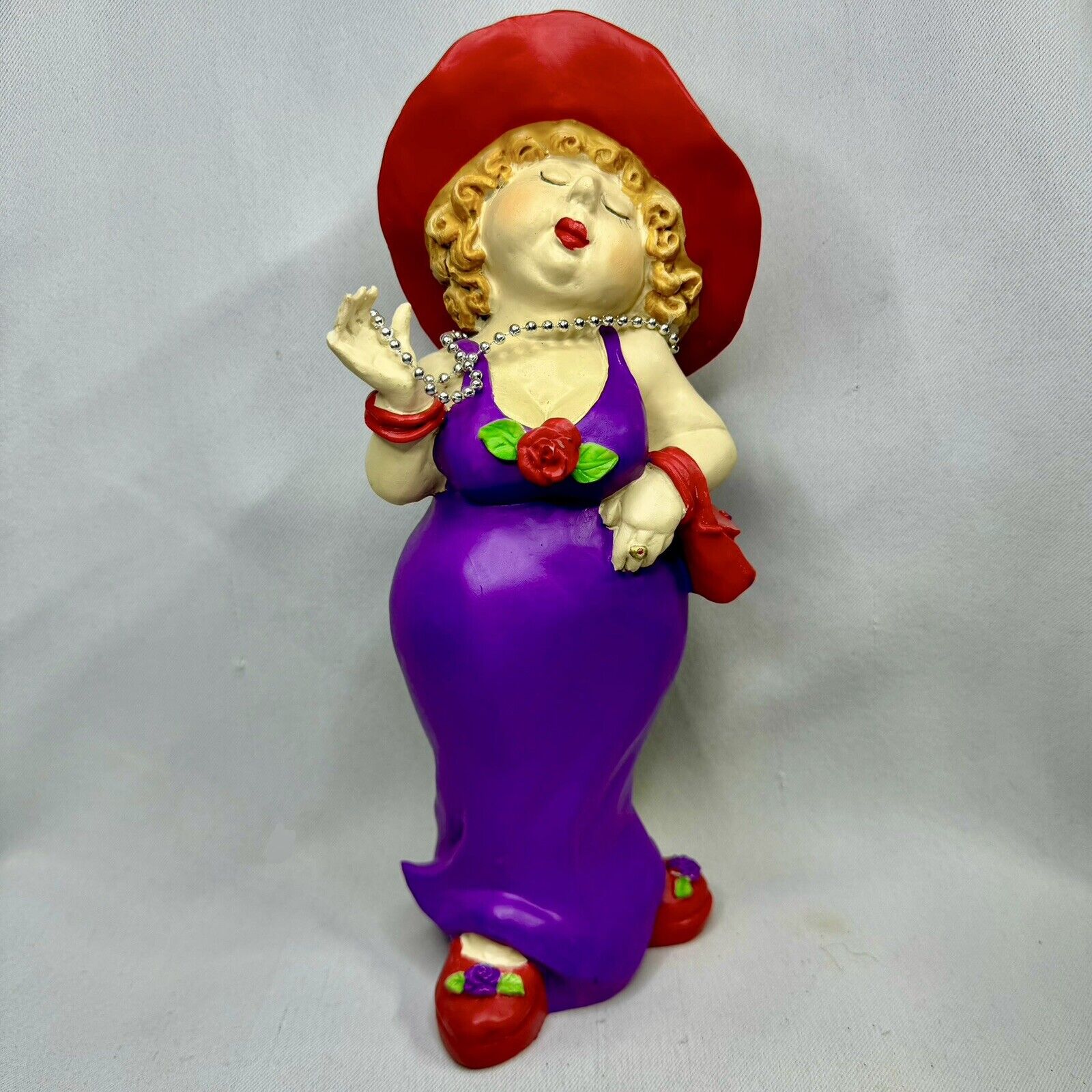 Rare Old Time Pottery Red Hat Society Fat Lady Figurine Purple Dress Red Hat
