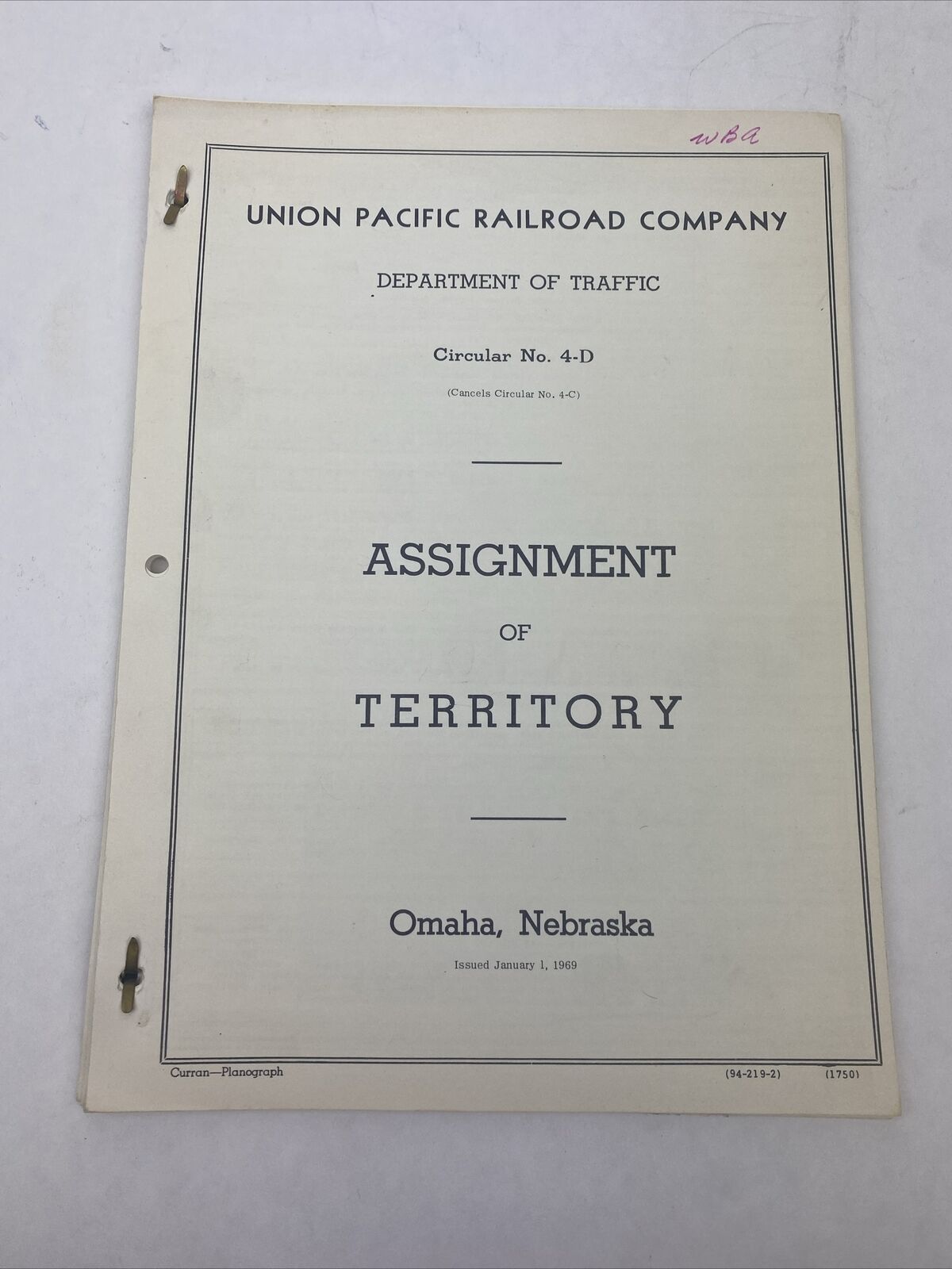 1969 Union Pacific Railroad Company Assignment of Territory Omaha Nebraska 4-D