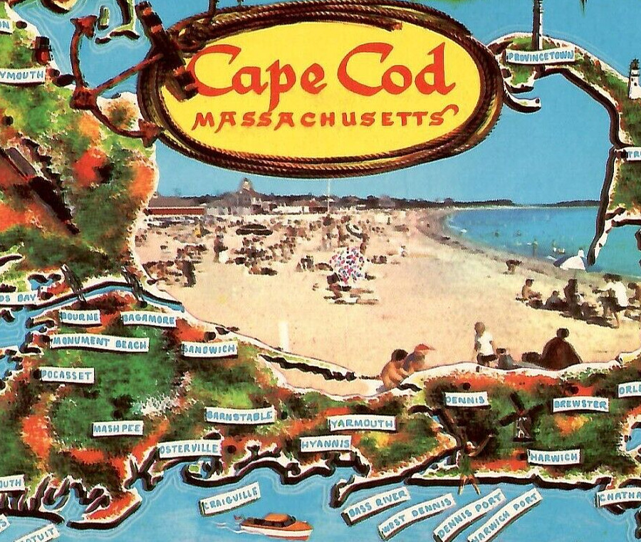 Vintage Chrome Postcard Greetings Map Cape Cod Beach Shore Massachusetts MA