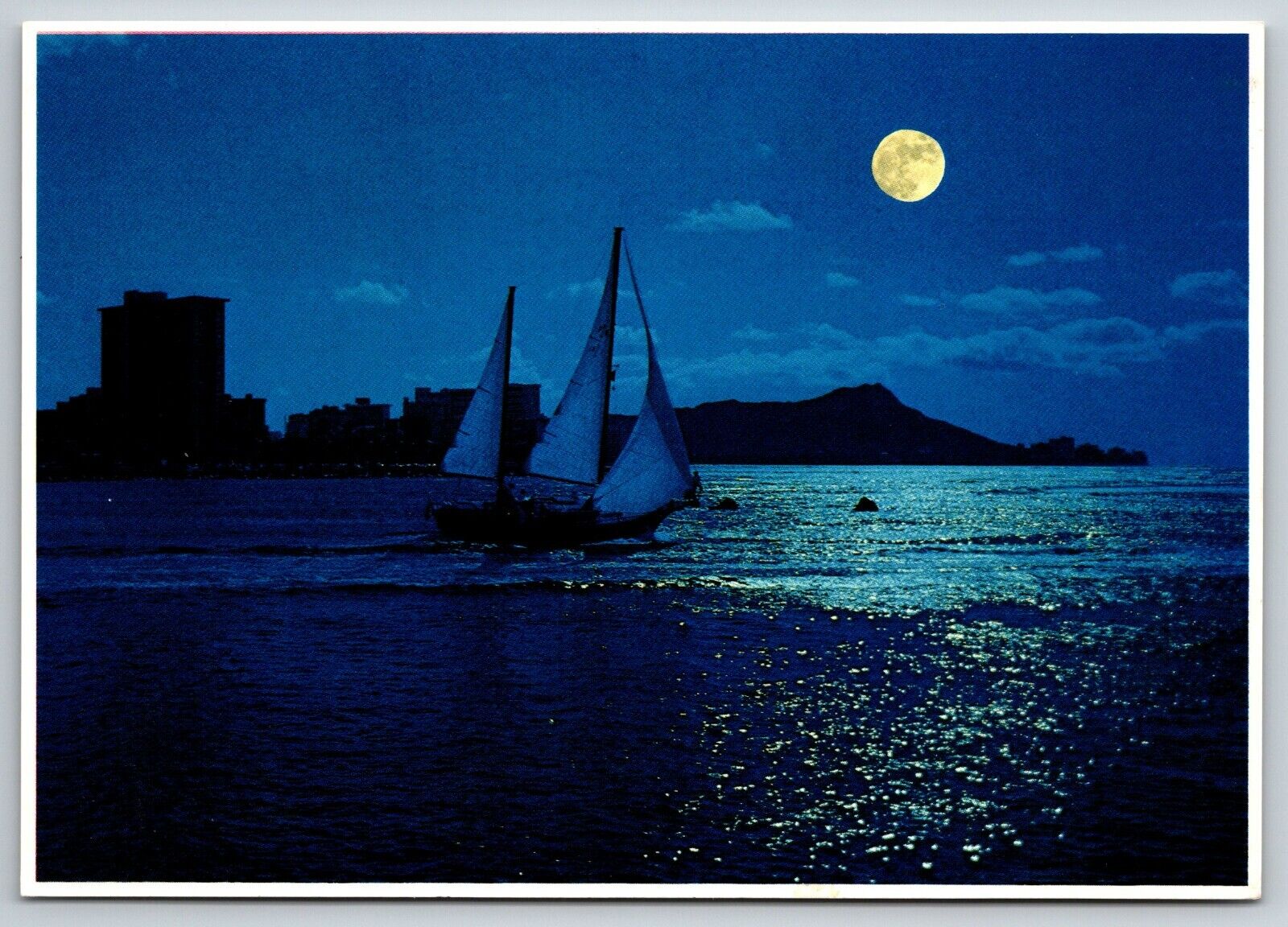 Sailing in Moonlight Diamond Head Honolulu Hawaii  5.8x4.2 Postcard Wagner
