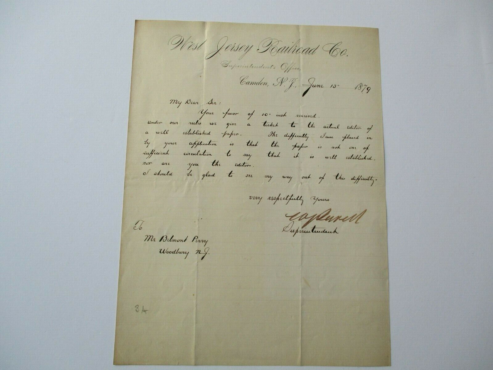 PERRY BELMONT LETTER DOCUMENT SIGNED ANTIQUE NEW JERSEY RAILROAD CO 1879 CAMDEN