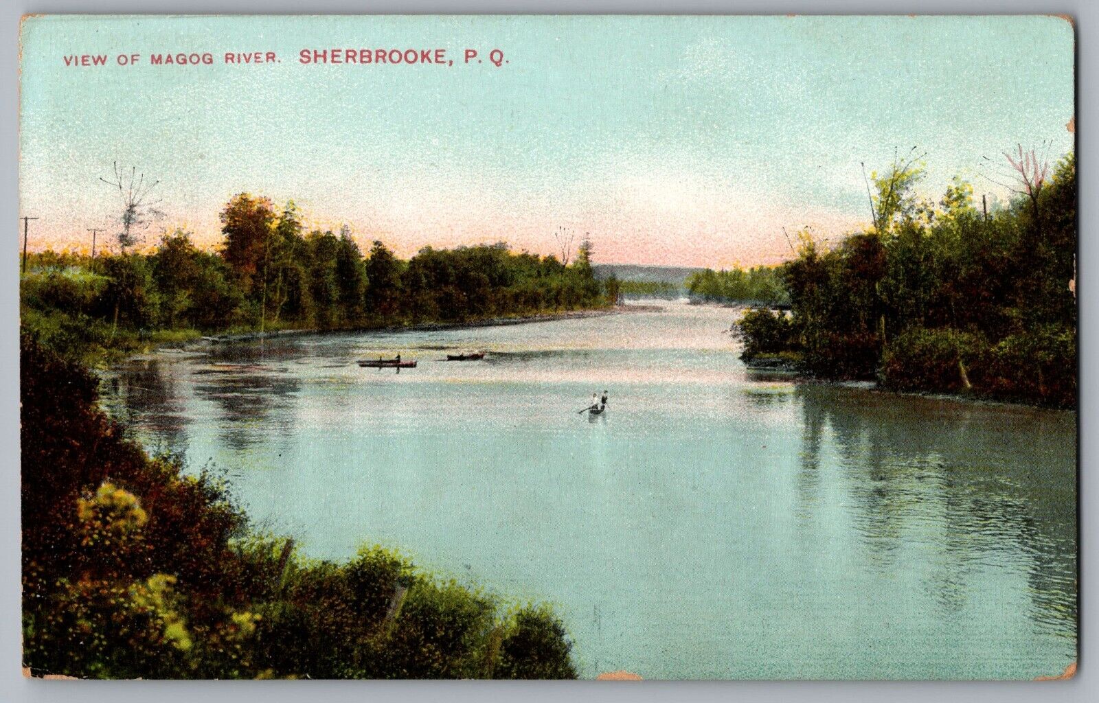 View of Magog River Boats Postcard Sherbrooke Quebec QC Postcard Posted 1910