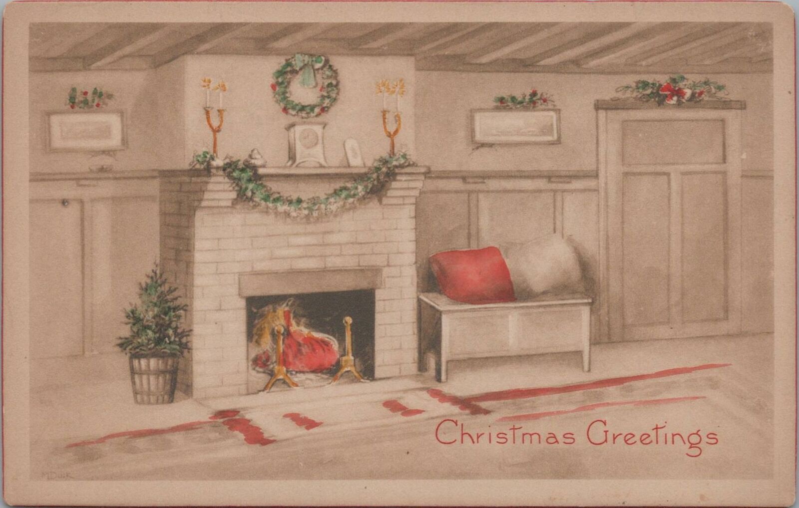 Postcard Christmas Greetings Fireplace 