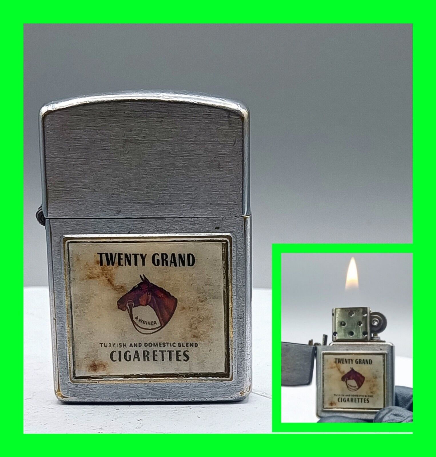 Vintage Twenty Grand Cigarette Logo Ad Cigarette Lighter - In Working Condition 
