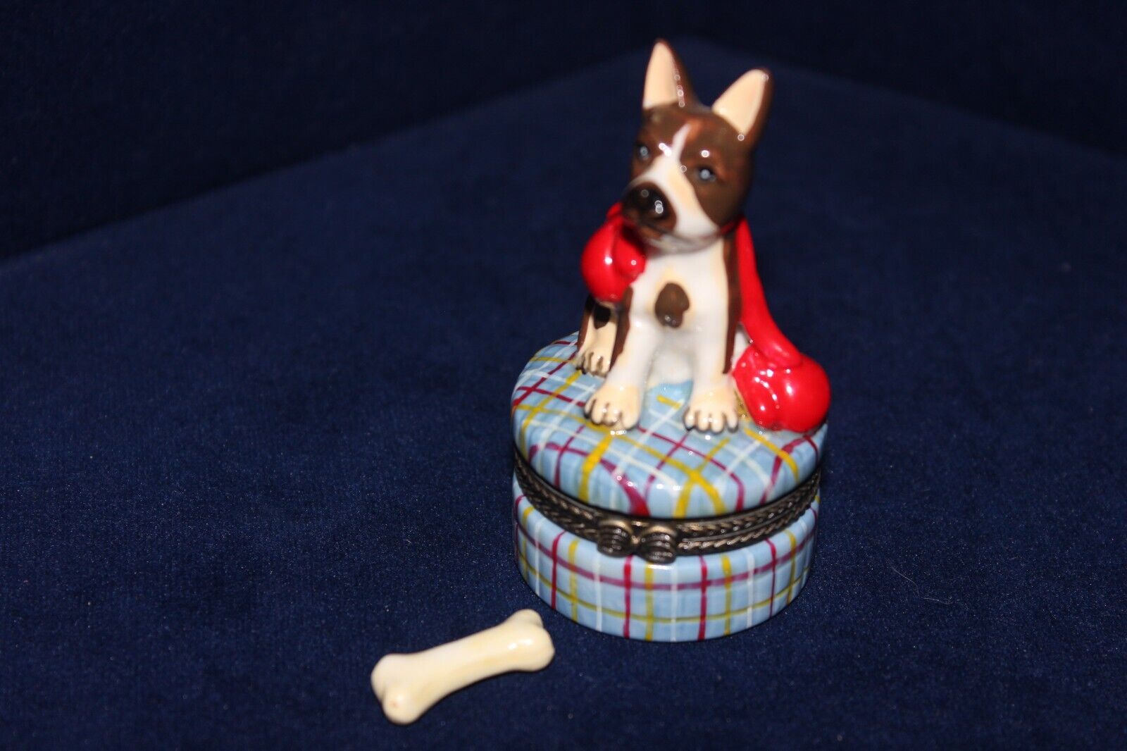 Adorable Vintage Boxer Bull Dog Porcelain Hinged Trinket Box, W Gloves & Bone
