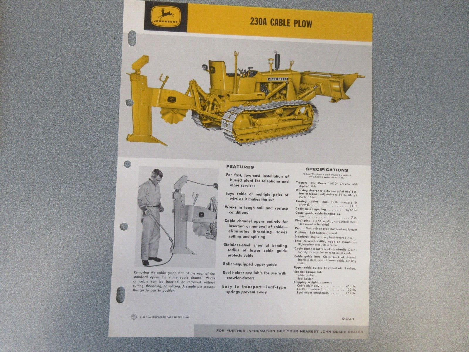 John Deere 230A Cable Plow 2 Page Sheet VG Condition