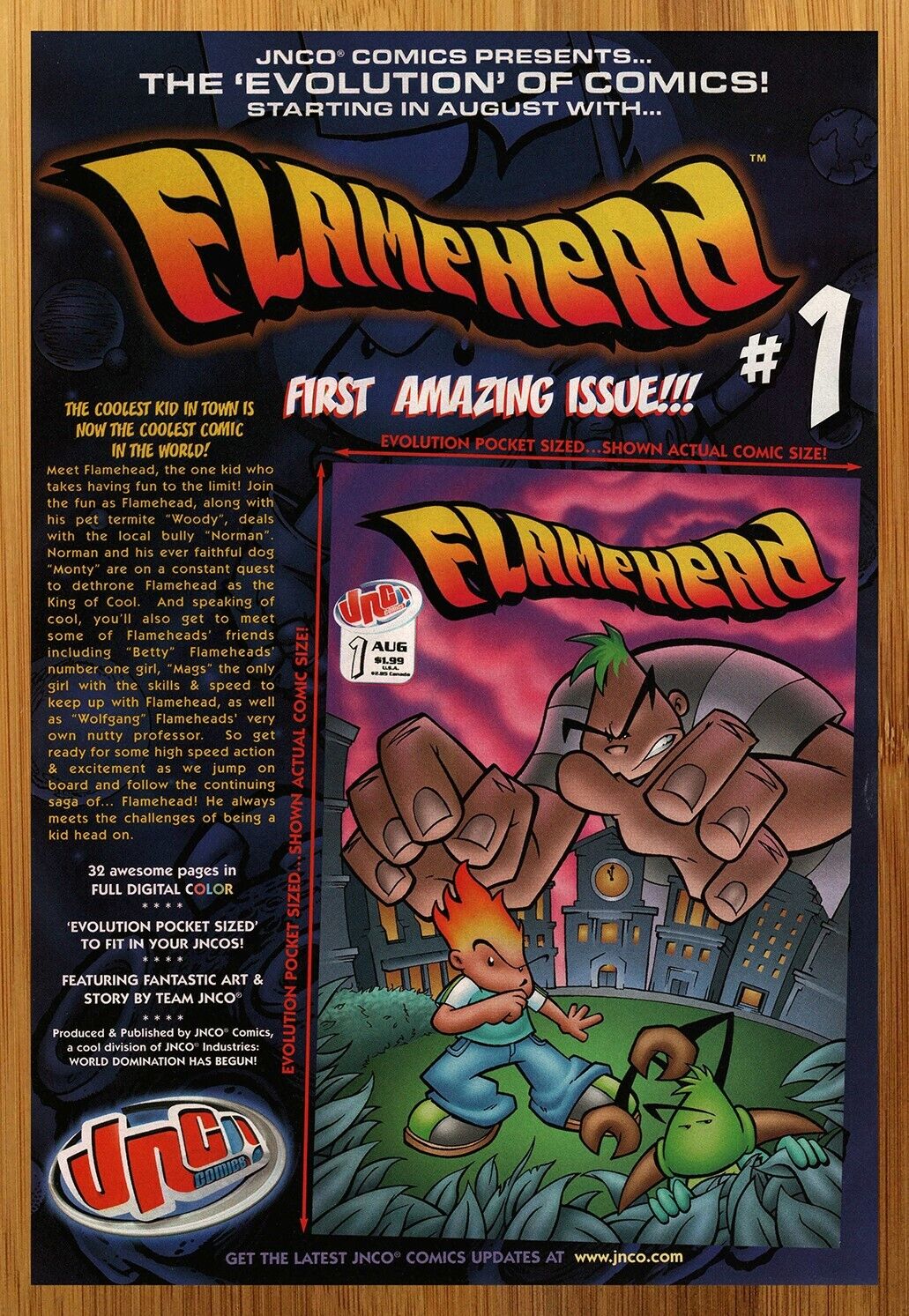 1998 JNCO Comics Flamehead Vintage Print Ad/Poster Jeans Skateboard Promo Art