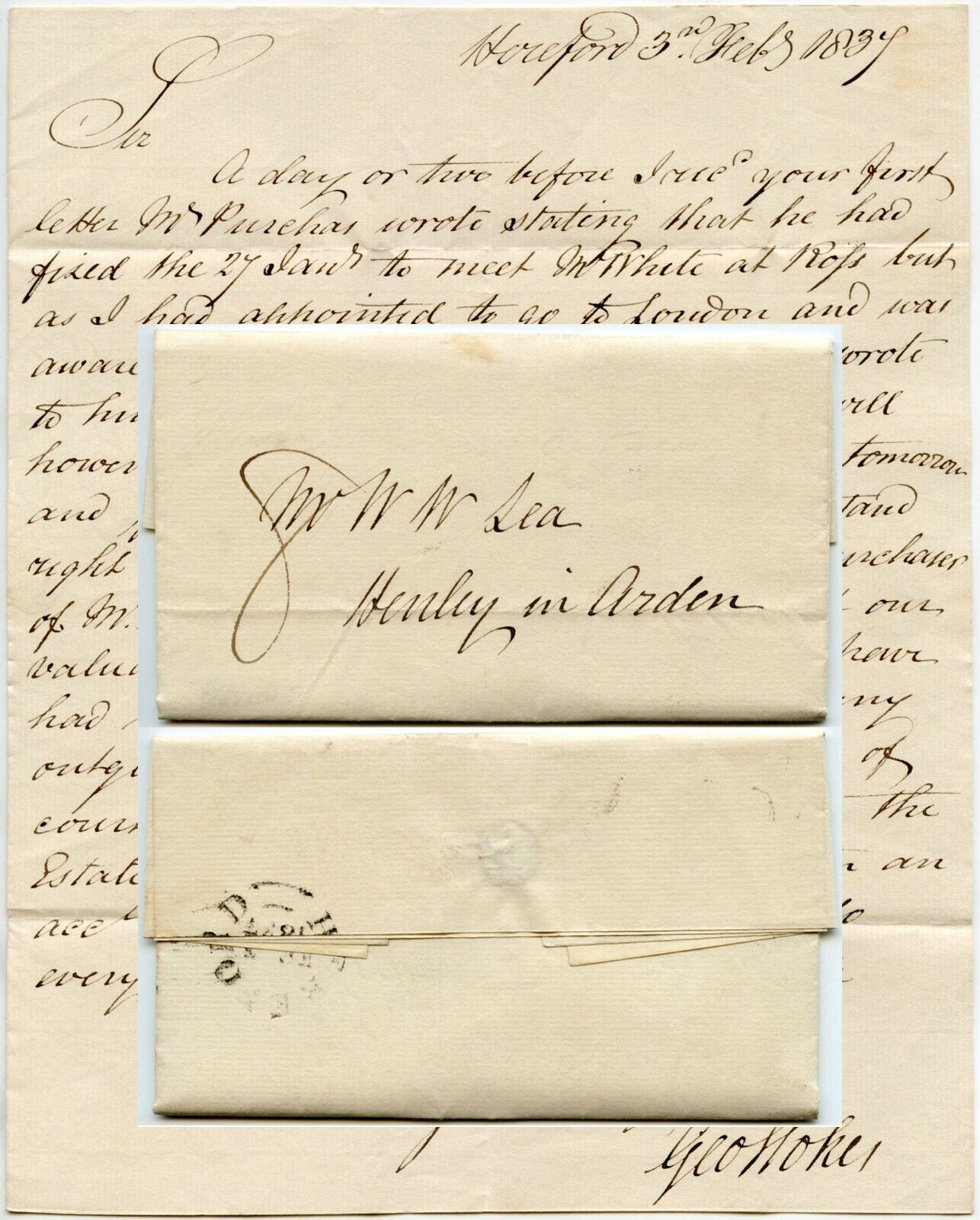 1837 LETTER HEREFORD to HENLEY SIGNED GEORGE STOKES re JOHN PURCHAS + DEWDALES