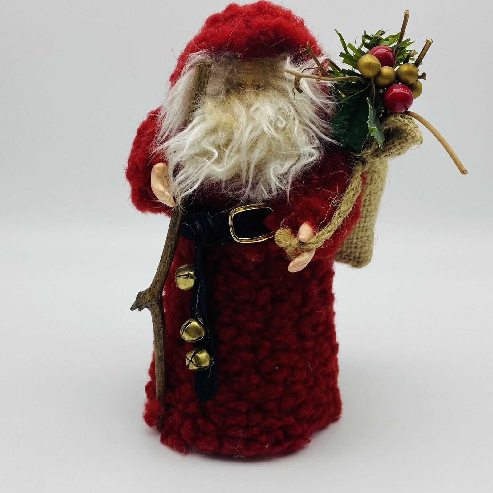Vintage  6 inch Santa Claus holly in Bag & Bells Tree Topper Centerpiece