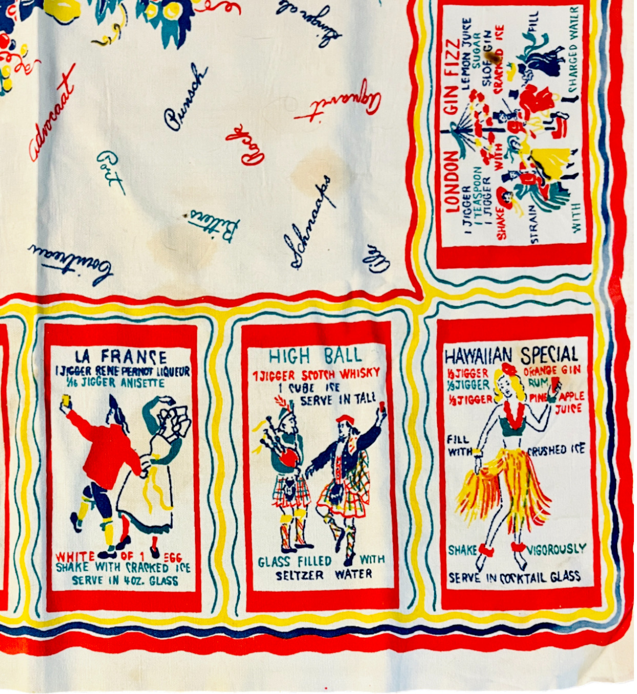 Vintage Tablecloth 1950s Drink Recipes Spirits Kitschy Grannycore MCM 29x36 READ