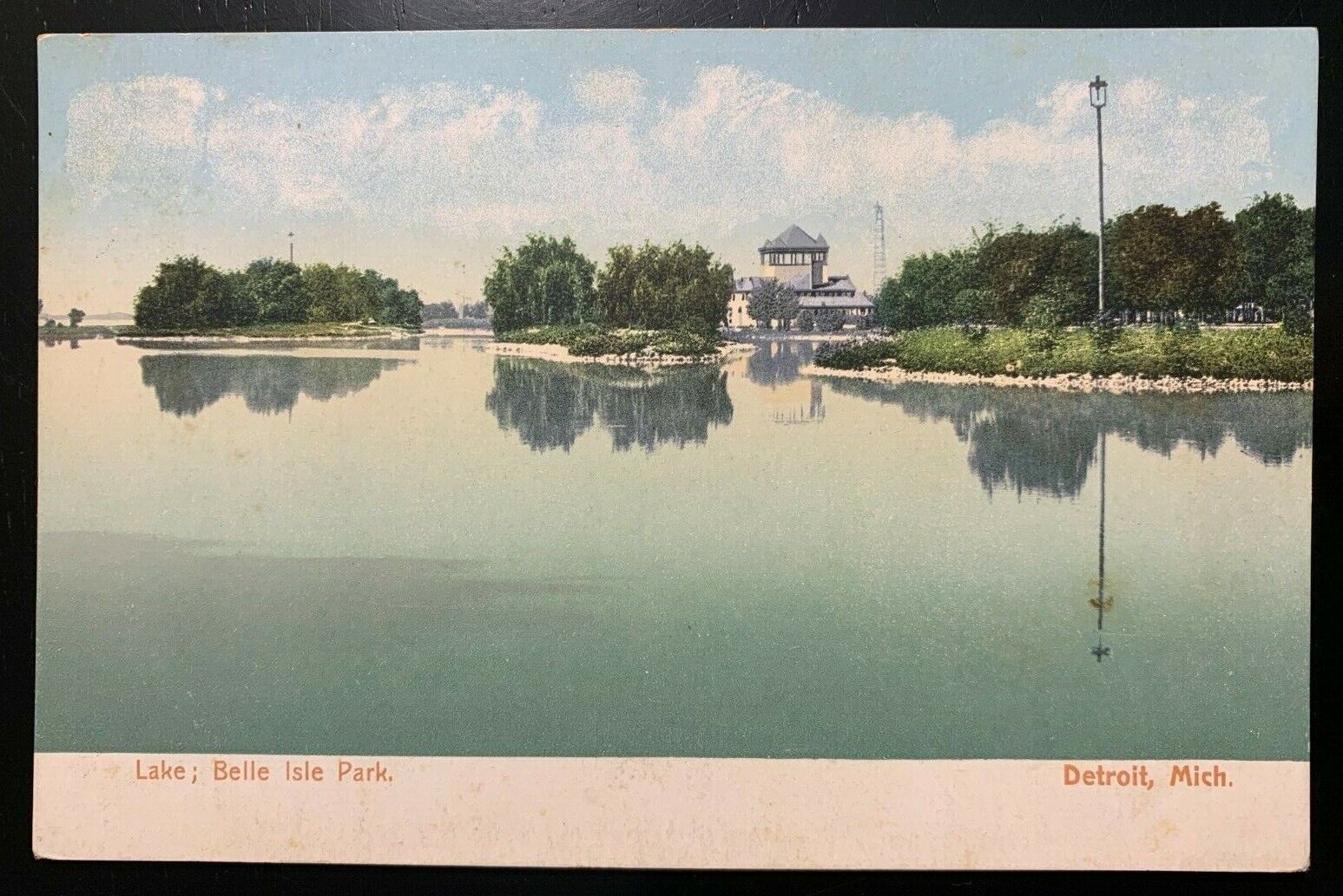 Postcard Detroit MI - c1900s Belle Isle Park Lake Water Reflection Pavilion