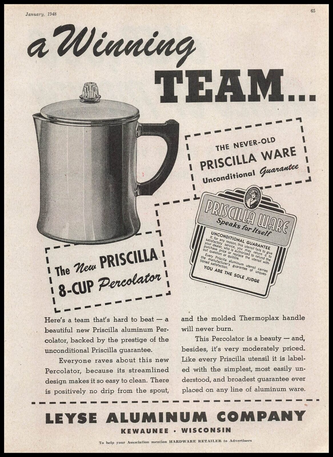 1948 Leyse Aluminum Kewaunee Wisconsin Priscilla Ware Coffee Percolator Print Ad