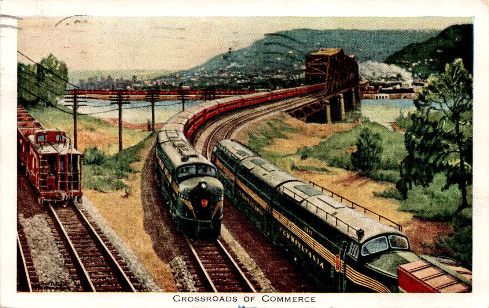 vintage Crossroads of Commerce trains New York St Louis Wheeling West Postcard