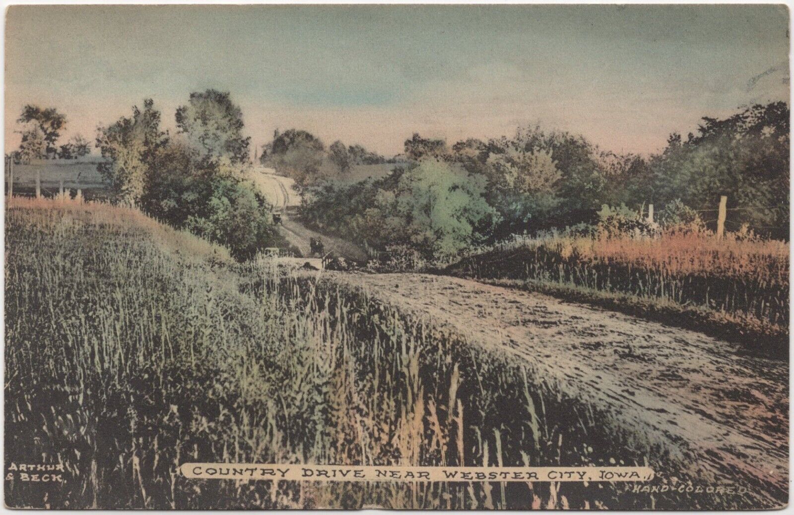 Country Drive Webster City Iowa Hand Colored Albertype Postcard