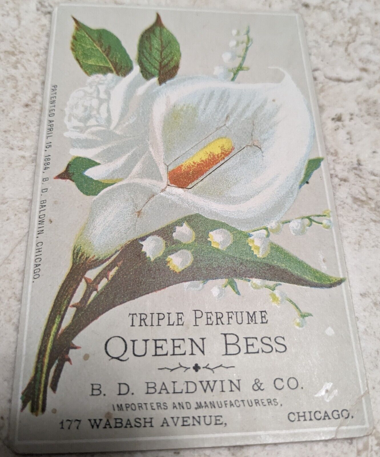  VTG TRADE CARD TRIPLE PERFUME QUEEN BEE  B.D.BALDWIN & CO. WASHBASH AVE CHICAGO