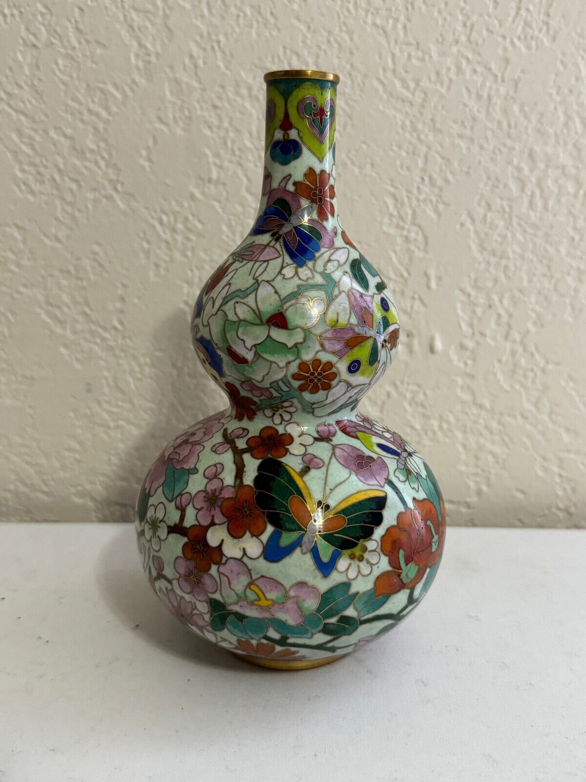 Vtg Chinese Double Gourd Form Cloisonne Vase w/ Floral Insects & Butterfly Dec.