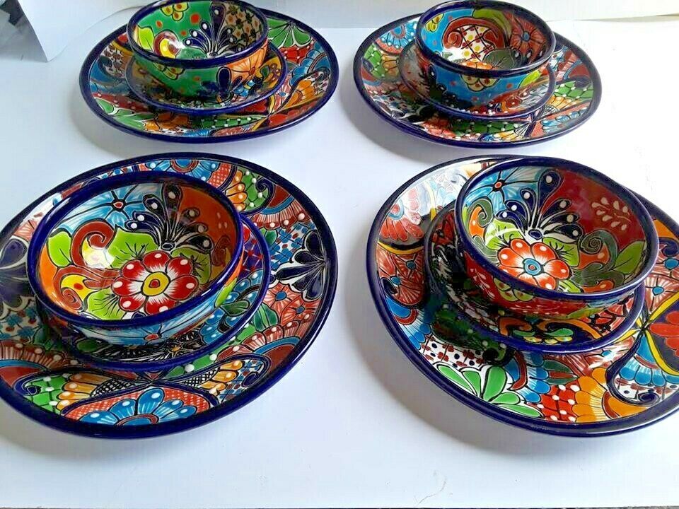 Talavera Dinnerware 12 Piece  4 Plate Settings Colorful Floral Mexican Folk Art
