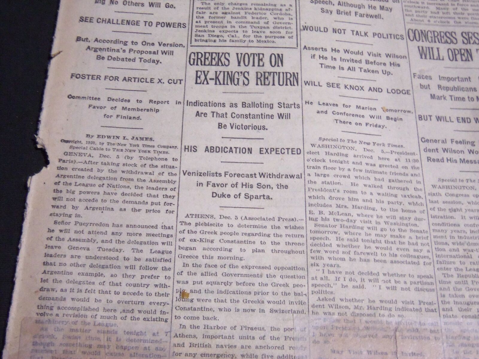 1920 DECEMBER 6 NEW YORK TIMES - GREEKS VOTE-ON EX-KING'S RETURN - NT 6756