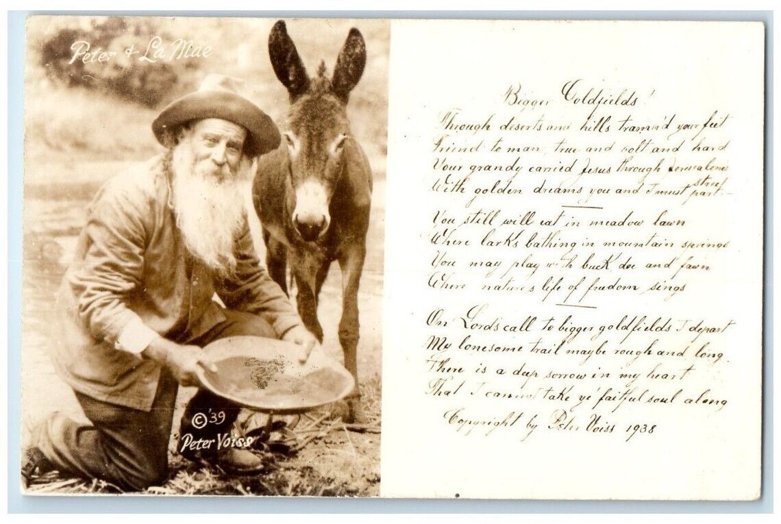 1939 Peter Voss & Donkey Mule La Mae Gold Panning Poem RPPC Photo Postcard