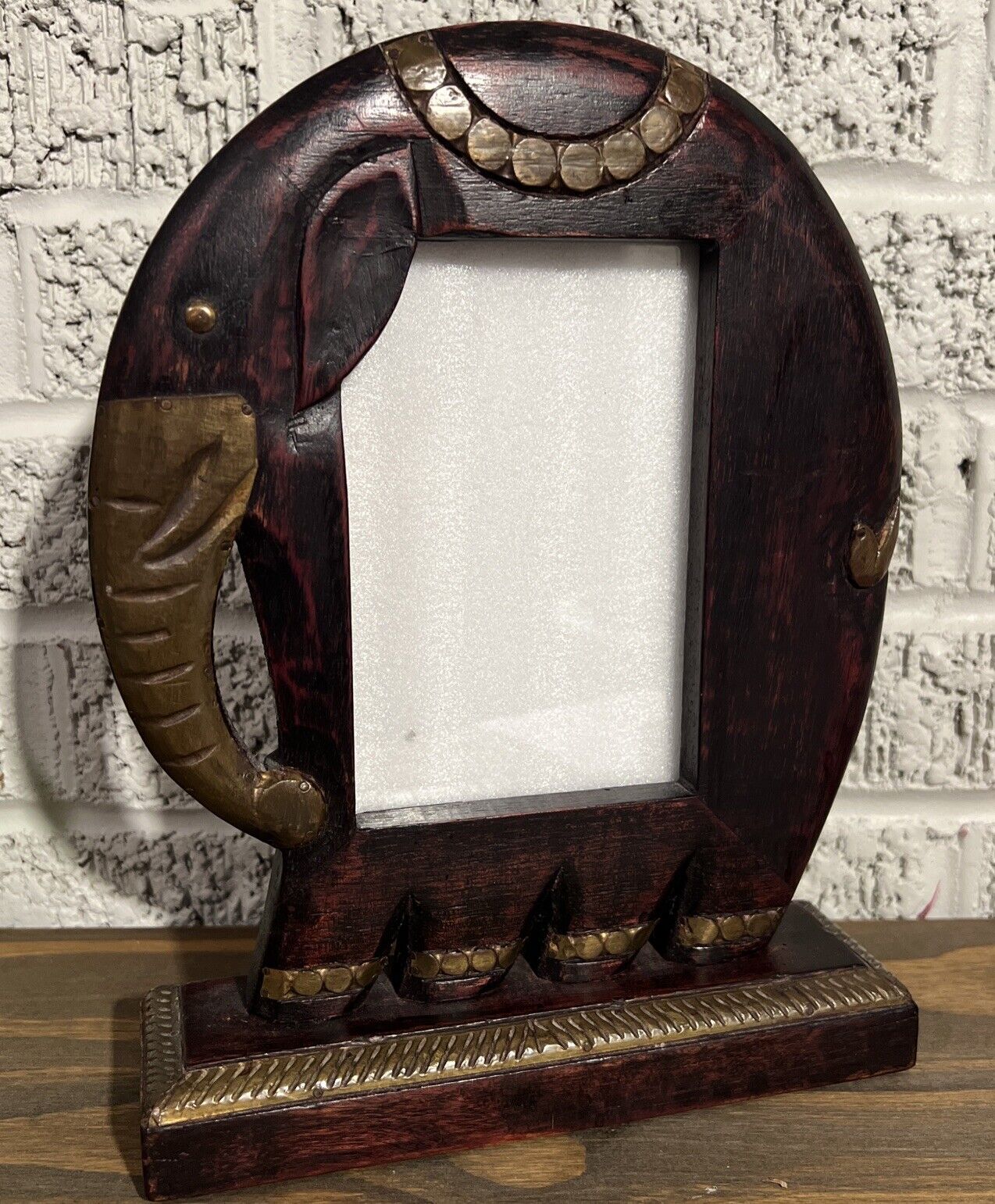 PIER ONE Elephant Carved Wood & Brass Picture / Photo (3.5x5.5) Frame Figurine