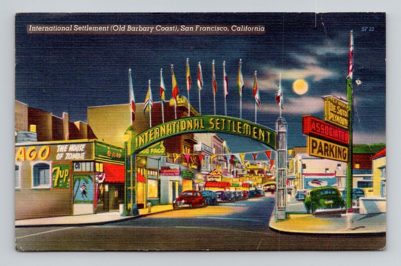 Postcard International Settlement at Night San Francisco CA, Vintage Linen G20