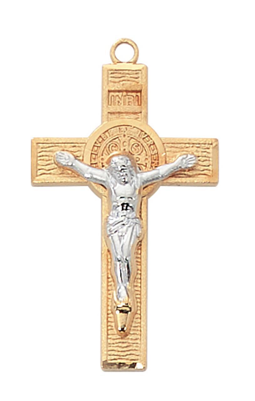 Gold Tone Two Tone St Benedict Crucifix Features 18in Long Chain