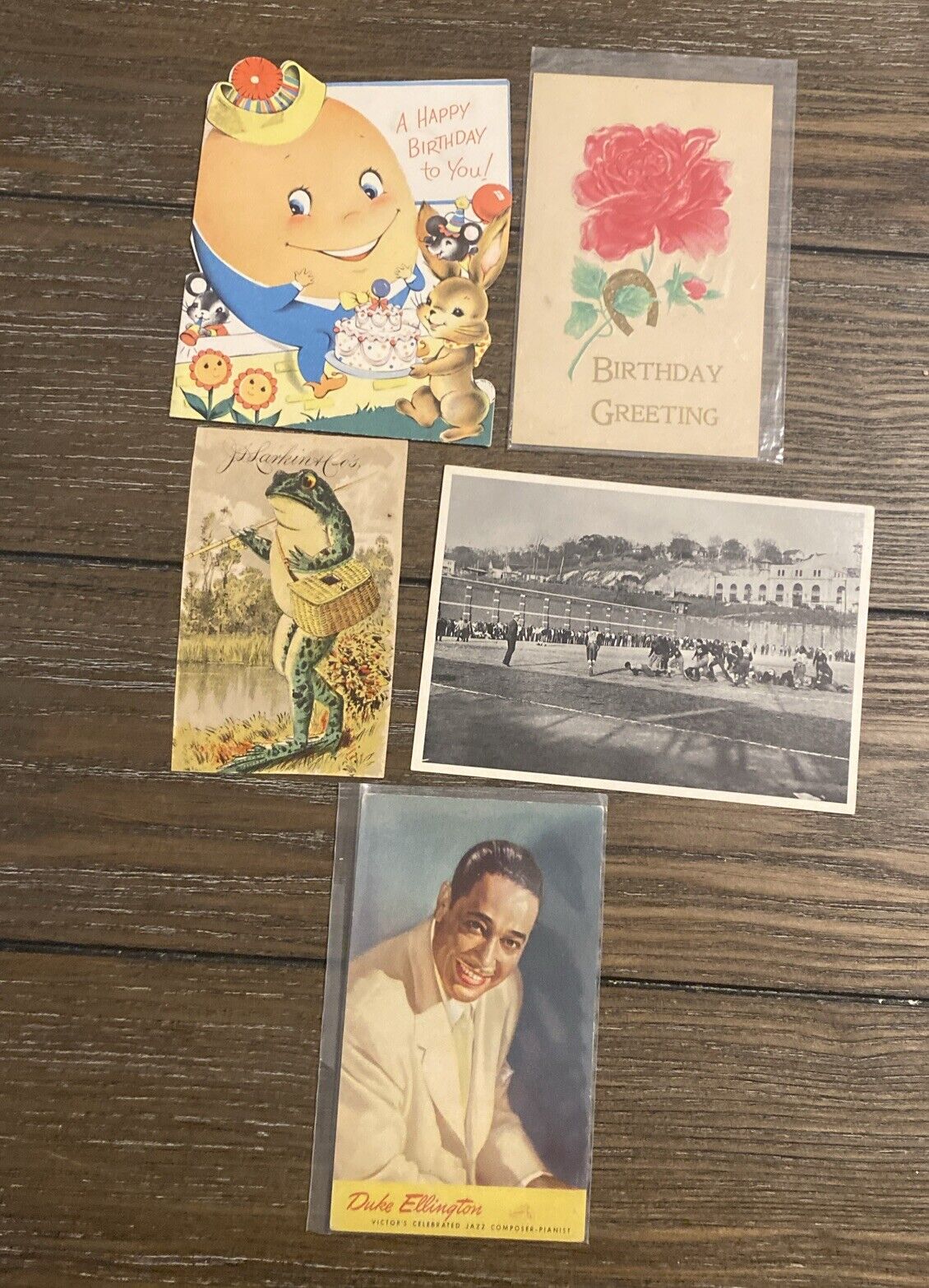 Lot of 5 Vintage Birthday Cards Post Cards Ephemera Duke Ellington Football Frog